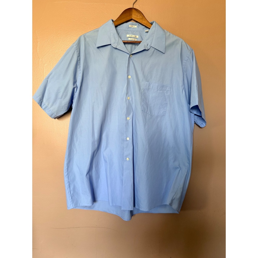 Van Heusen Men 17.5 Light Blue Short Sleeve Button Down Poplin Regular Fit Shirt